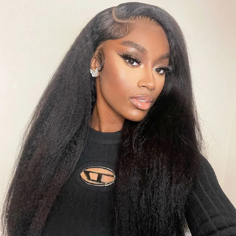 MORE FACE 13x4 Kinky Straight Wig Yaki Straight Lace Frontal Wig Preplukced Human Hair Wigs