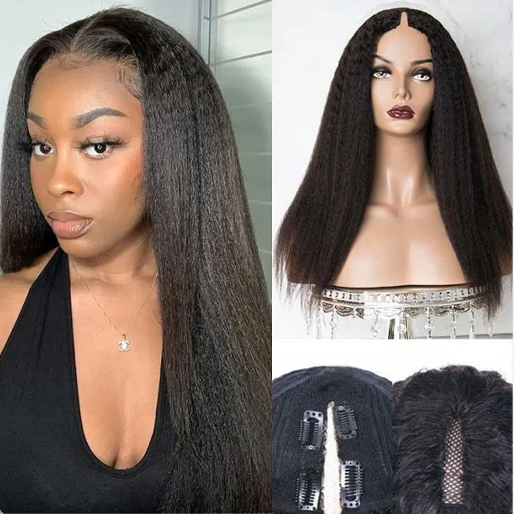 210% Density Thin V Part Wigs Glueless Kinky Straight Human Hair V Part Wig No Leave Out