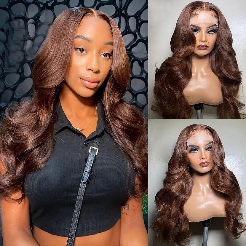 (Super Sale) Megalook 13x4 5x5 6x5 Pre Cut Transparent Chocolate Lace Closure Wigs #4 Dark Brown Color Human Hair Wigs