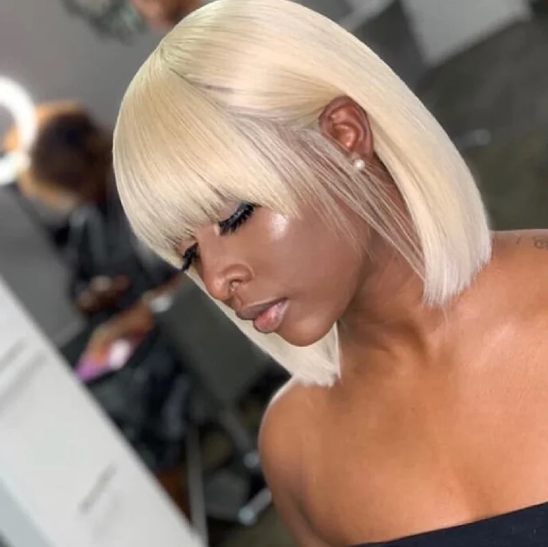 NAKIA Blonde #613 Bob with Bangs Lace Frontal Wig Full Lace Wig 100% Human Hair