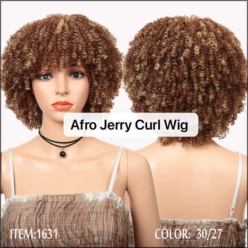 Afro Jerry Curl Wig With Bangs Short Synthetic Wig Afro kinky for Black Women