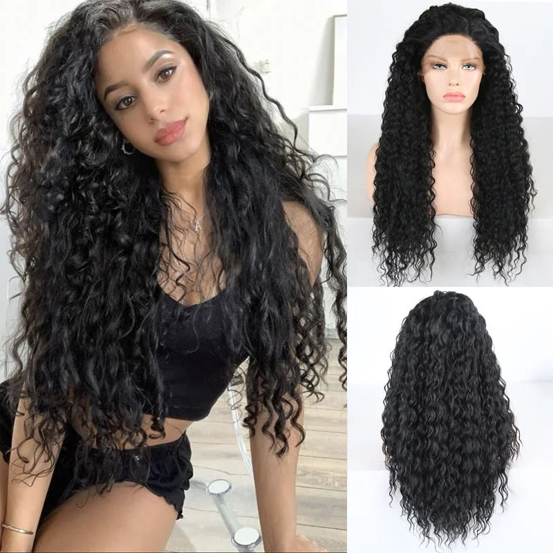 Black Natural wave synthetic lace frontal  Wigs with Baby Hair  for Black Women