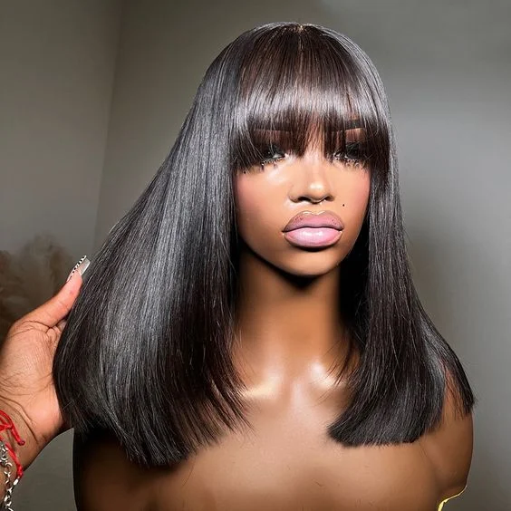 Megalook Bob Wigs With Bangs Natural Color Straight Virgin Human Hair Lace Wigs