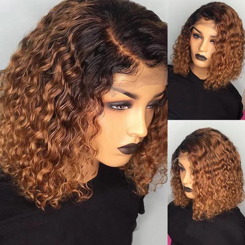 TERESA - #1B/Brown Curly Bob Human Hair Wigs Lace Frontal Wig