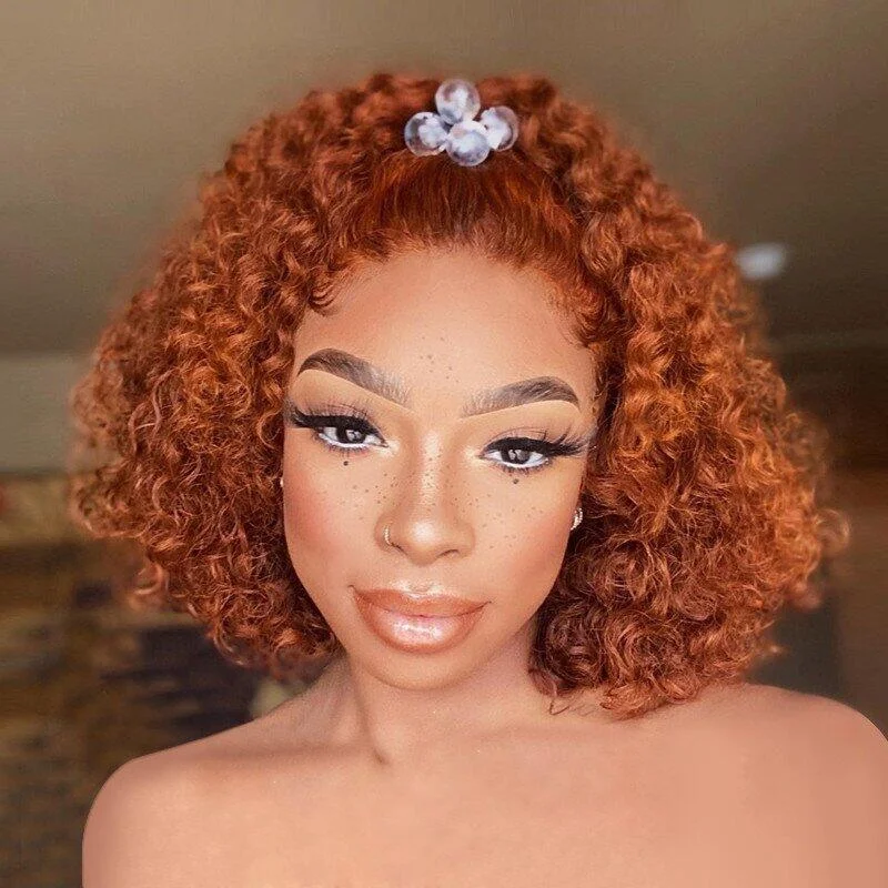 210% Density Thick Short Cut Bob Ginger Orange Color Wig 13x4 Lace Front Deep Curly Human Hair Wig