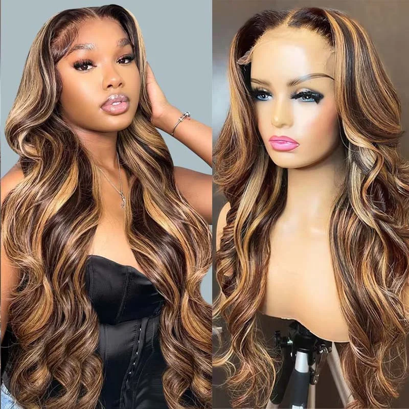 Honey Blonde Highlighted Body Wave Glueless Lace Wig 13x4 Lace Frontal Human Hair Wig