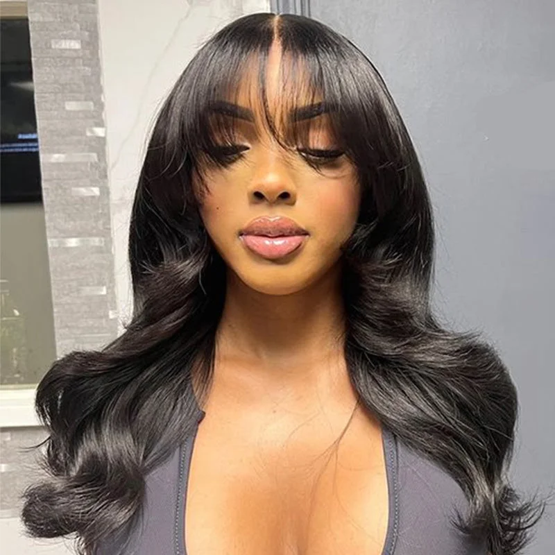 Medium Length Body Wave Pre-Bleached Knots 99J Burgundy/#4 Chocolate Brown/Highlight Piano Pre-cut Glueless Lace 5x5 Closure Wigs With Curtain Bangs Human Layered Hair Wigs