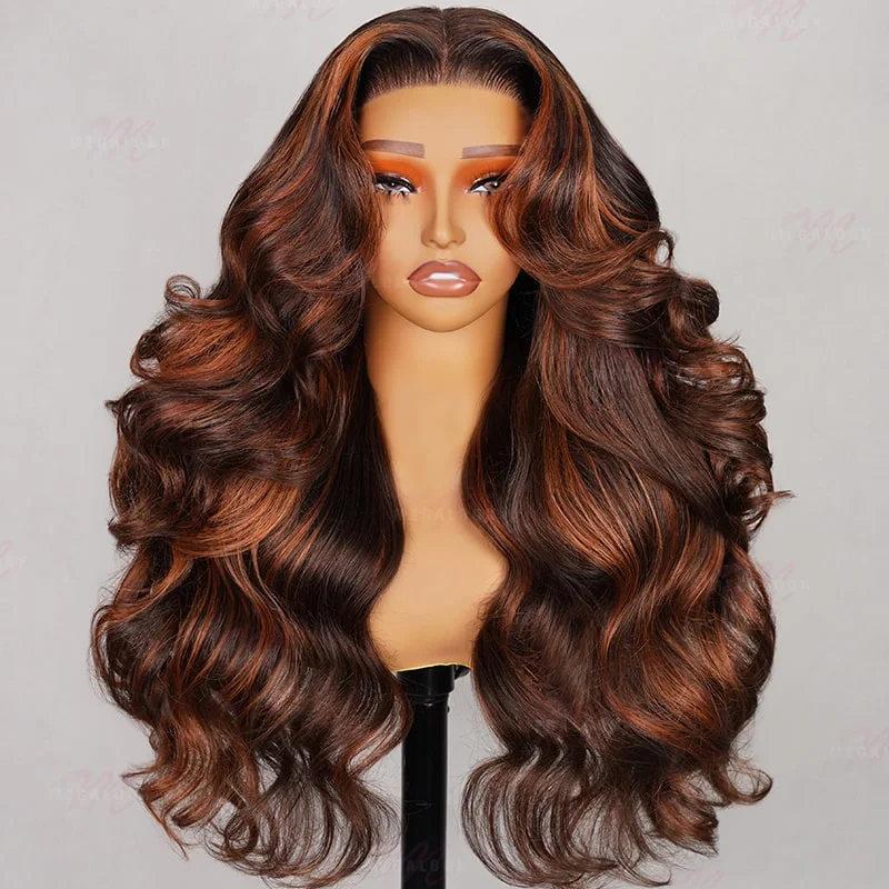 Megalook 6x5 Pre-Cut Mixed Color Highlights Ombre Copper Red Loose Body Wave Glueless Lace Human Hair Wig(No Code Needed)