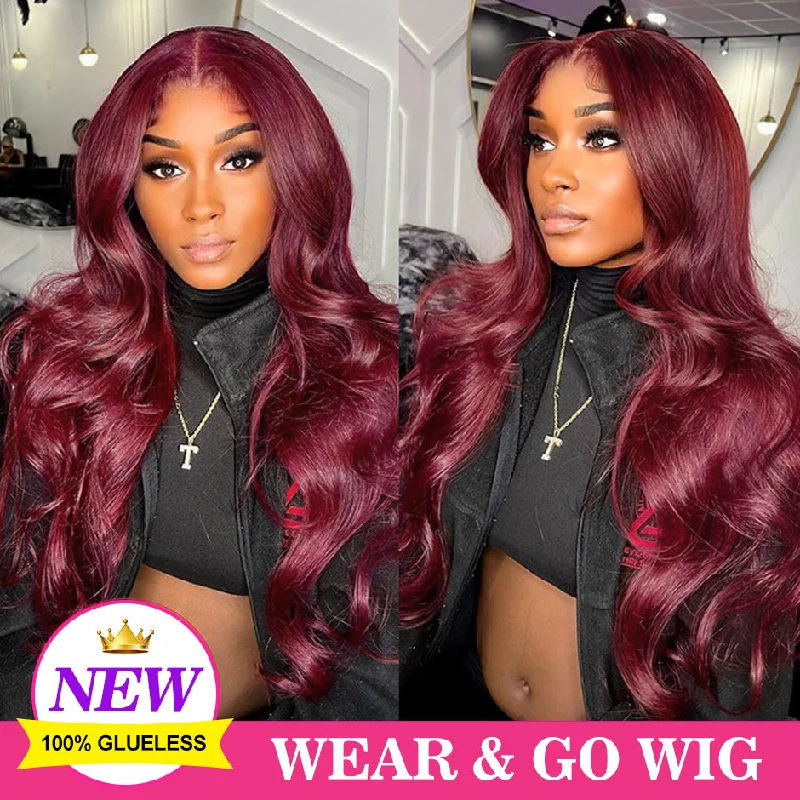 MORE FACE 99J Burgundy Body Wave Wig 6x4 HD Pre-Cut Wear Go Glueless Human Hair Wigs