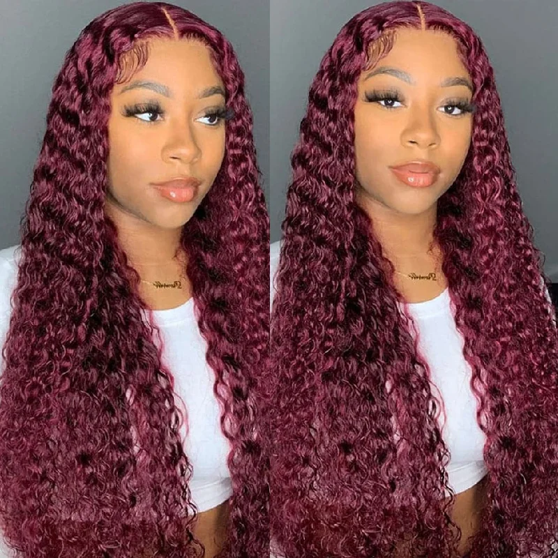 MORE FACE 99J Burgundy Wig 13x4 Lace Front Wig Red Water Wave Human Hair Wigs For Women