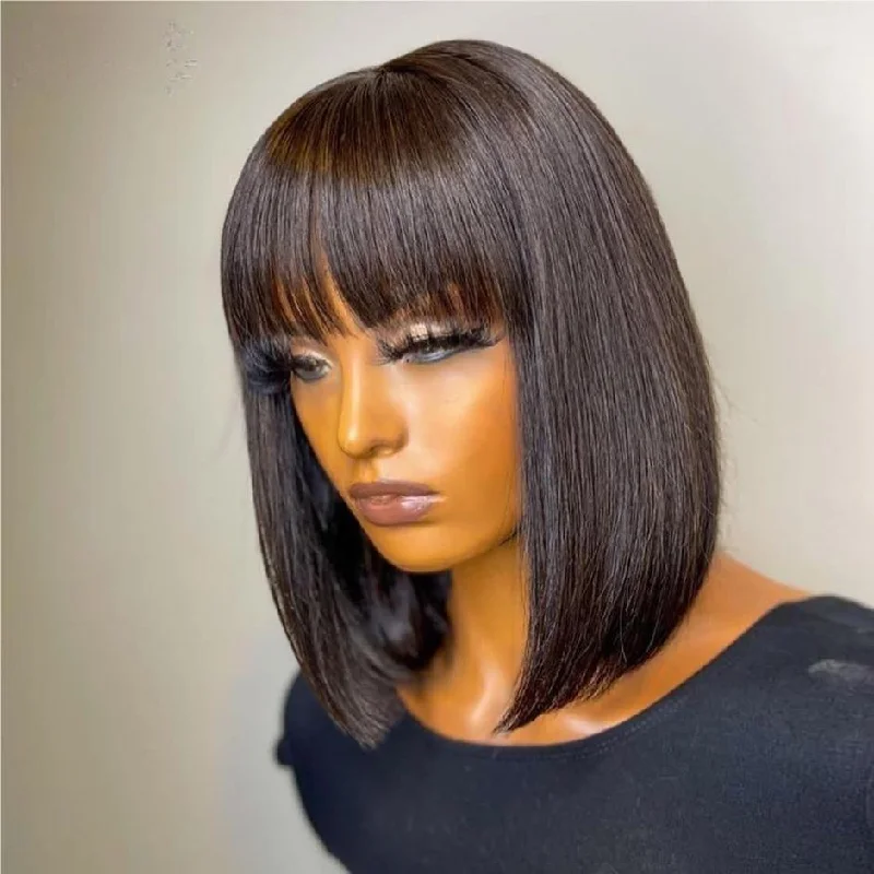 MORE FACE Bob Wig With Bangs No Lace Straight Human Hair Wigs Full Machine Made Wig