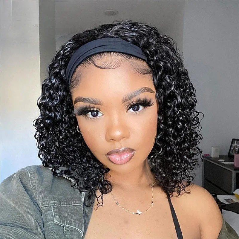 MORE FACE Headband Bob Wig Kinky Curly Human Hair Wig No Lace Glueless Wig