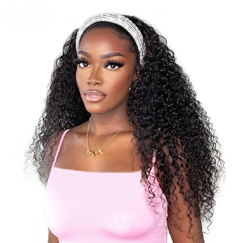 MORE FACE Kinky Curly Headband Wig Glueless Human Hair Wigs Full Machine Made Curly Wig