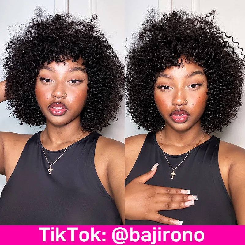 MORE FACE Kinky Curly Wig With Bangs Full Machine Made Short Bob Human Hair Wigs