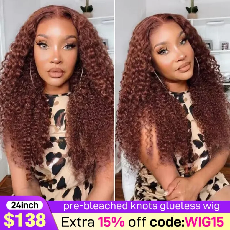 MORE FACE Reddish Brown Kinky Curly Wear Go Wig 6x4 HD Pre-Cut Glueless Human Hair Wigs Beginnger Friendly