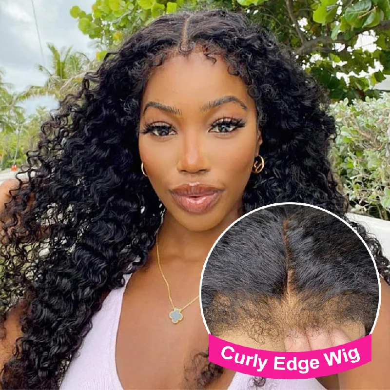 MORE FACE Type 4C Kinky Edges Human Hair Wigs Water Wave Lace Frontal Wig With Realistic Hairline