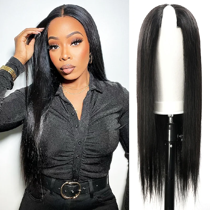 MORE FACE V Part Wig Glueless Straight Human Hair Wigs No Lace No Leave Out Thin Part Wig