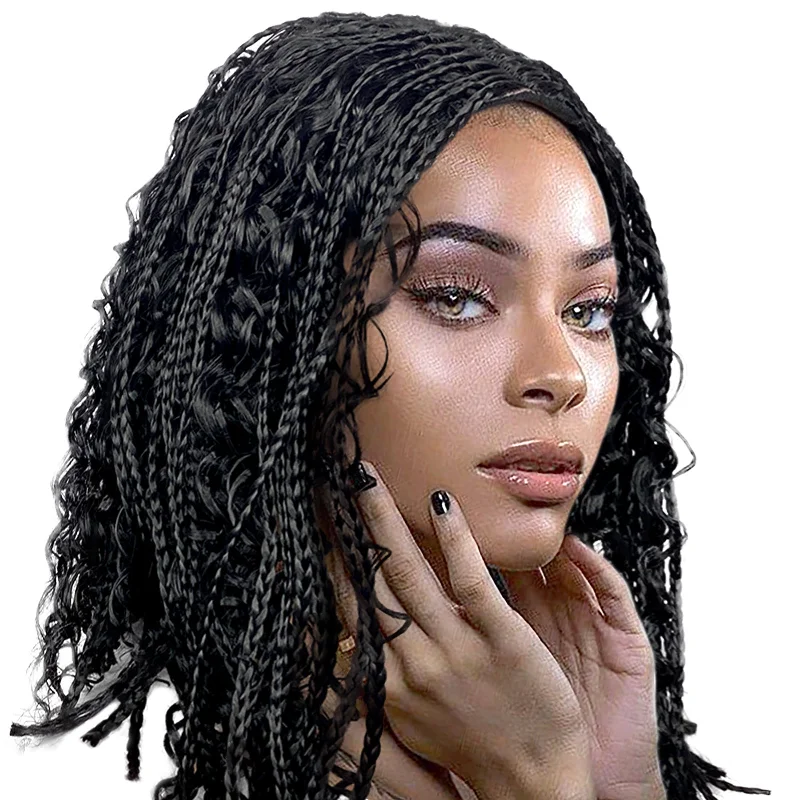 Short Box Braided Bob Wig for Black Women, 16inch Curly Goddess Box Braids Wigs Synthetic Box Braiding Hair Black Color Boho Braid Wig for Women