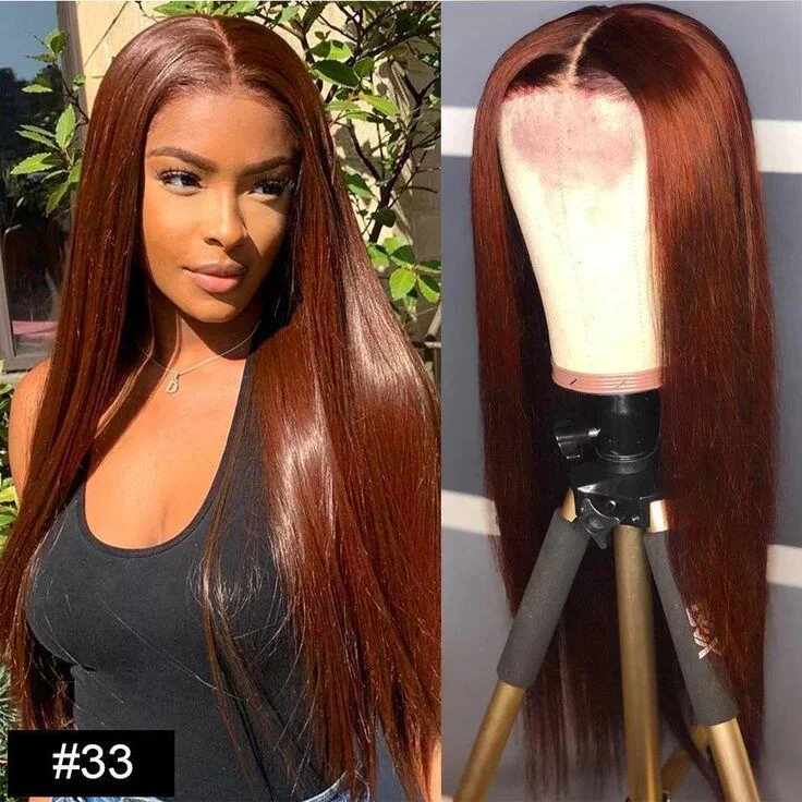 New #33 Red Brown Auburn Color Straight Human Hair Wig HD Lace 4X4/13X4 Lace Frontal Wigs