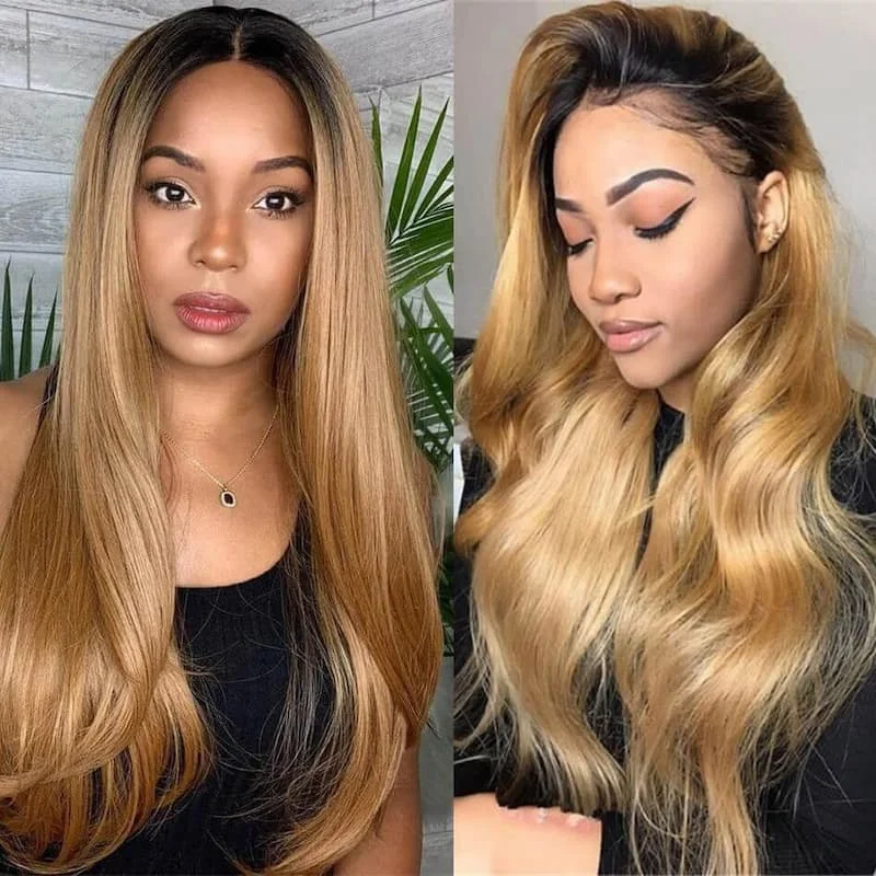 Megalook Transparent Straight/Body Wave Human Hair Wig 4x4 Lace Closure Ombre Color 1b/27 1b/30 Wig 180% Density