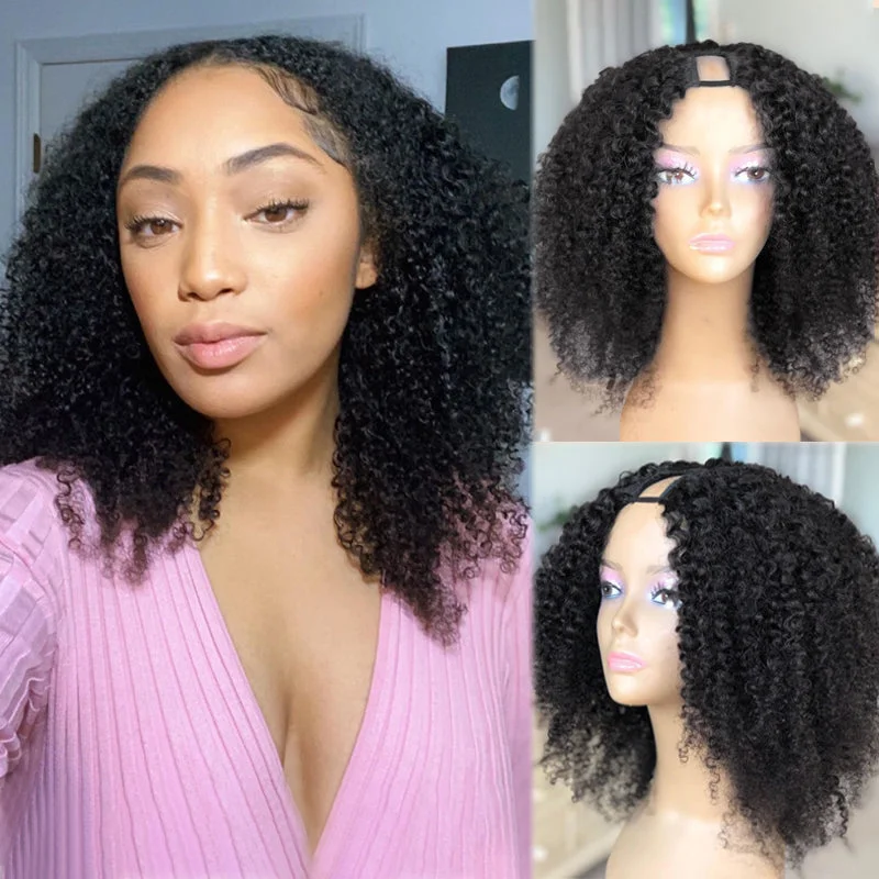 SONIA - Kinky Curly U Part Wig V Part Wig Natural Color 100% Human Hair