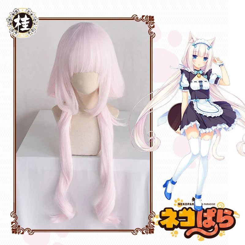 UWOWO Nekopara Vanilla Cosplay Wig 80cm long twin-tail Light pink hair Matte Synthetic Heat Resistant Fiber